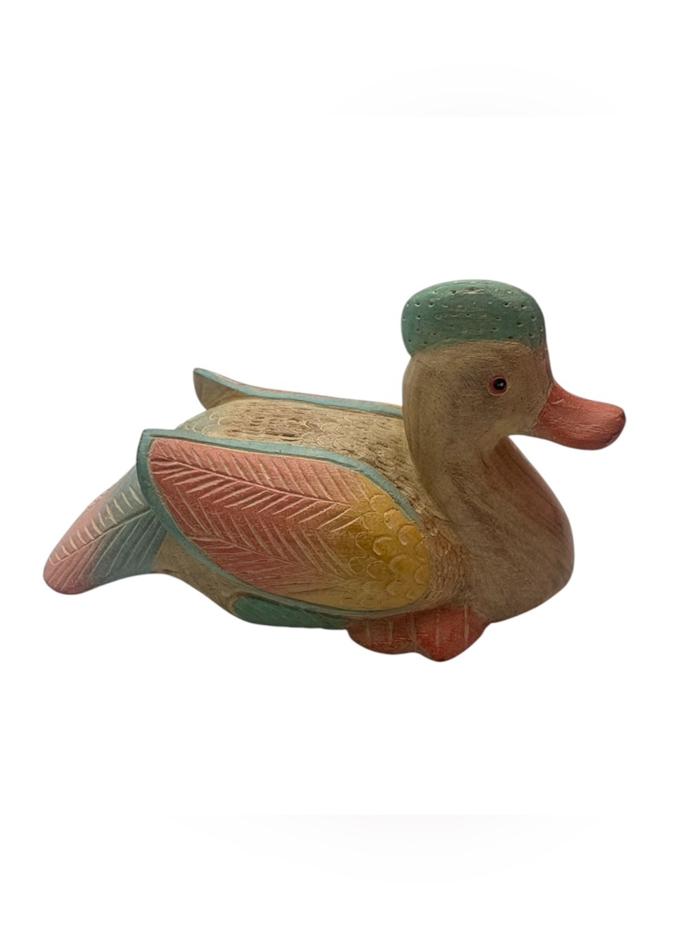 Vintage Wooden Duck Figure Rare Pastel Carved Detailing 4-inch by 5.5-inch